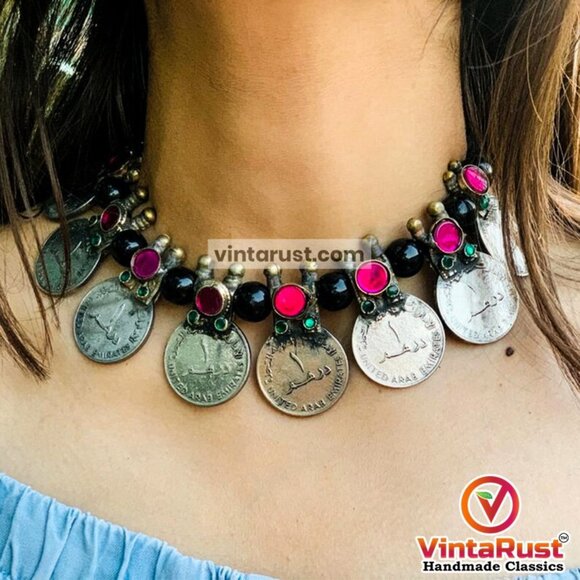 Vintage Coins Necklace With Earrings, Coins Jewelry Set With Glass Stones - Picture 1 of 11